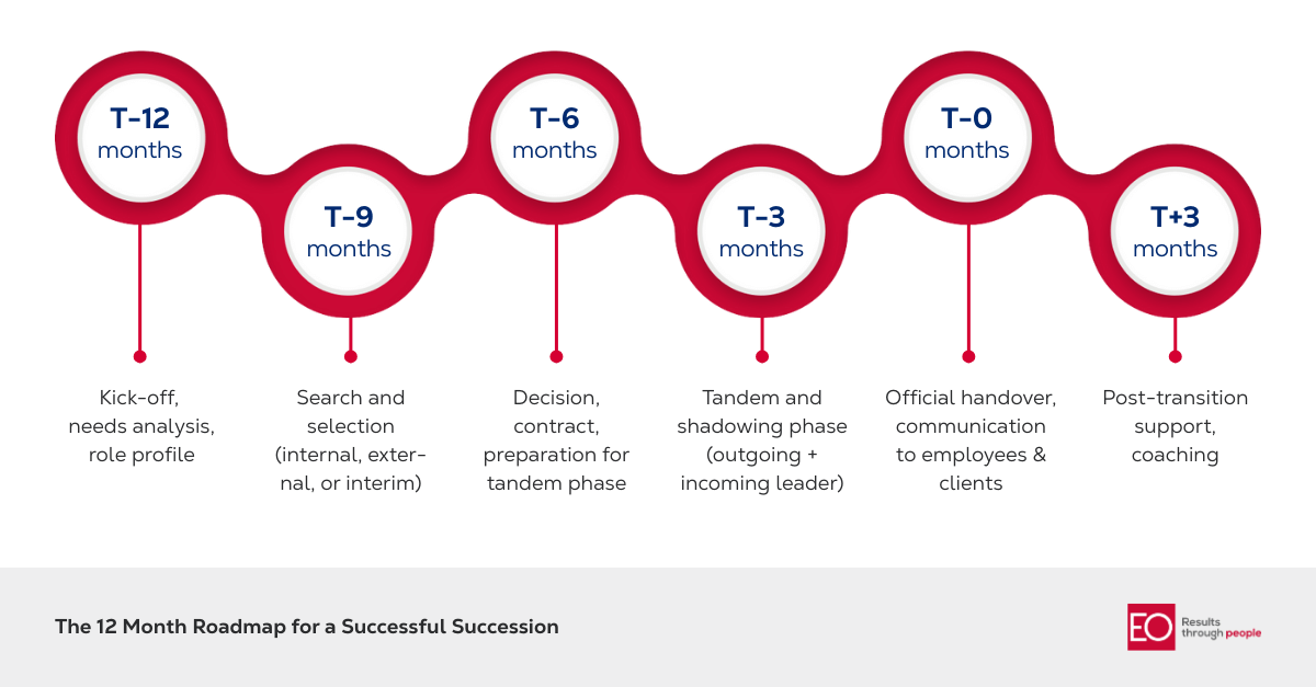 Timeline overview (infographic): The 12 Month Roadmap for a Successful Succession